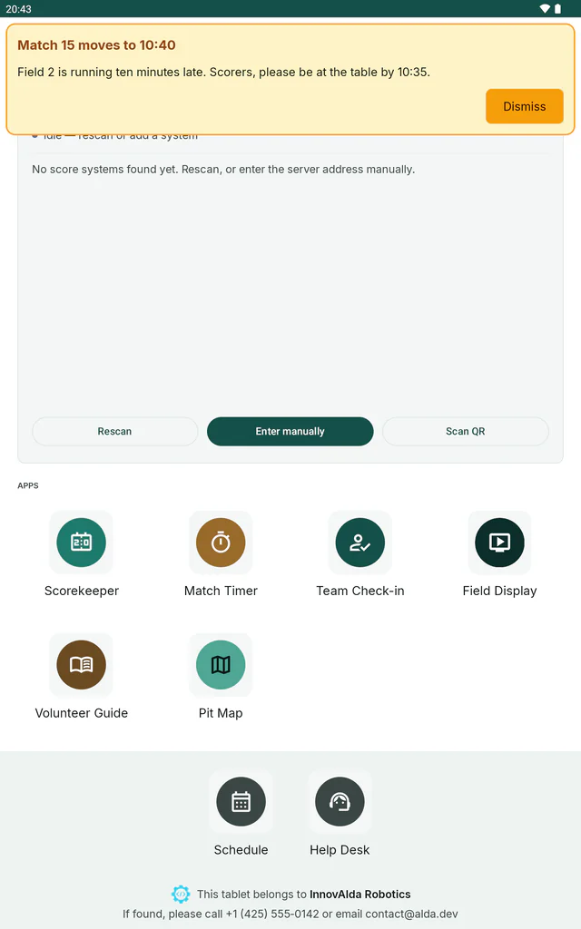 An on-screen notice card from the server, shown over a tablet’s home screen.