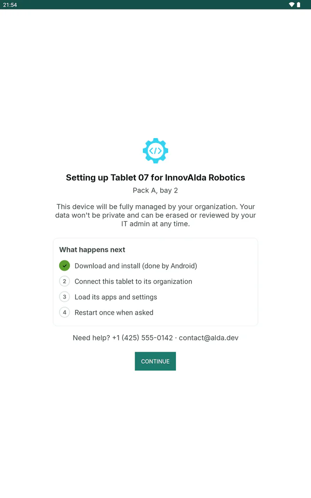 A tablet setup screen naming the organization, InnovAlda Robotics, with its logo, the tablet’s device name, a setup label and support contacts.
