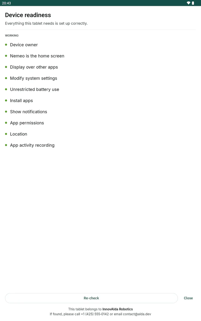 The device readiness screen on a tablet, with every check passed.